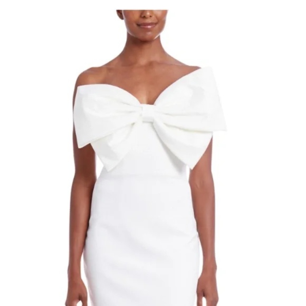 Badgley Mischka White Off-Shoulder Sheath Dress